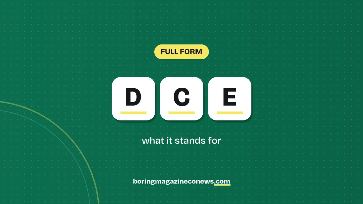 The letters DCE on white tiles over a dark green background, labelled Full Form"
