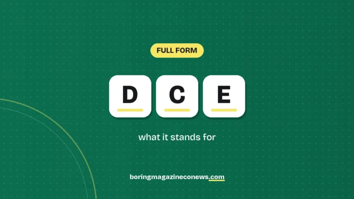 The letters DCE on white tiles over a dark green background, labelled Full Form"