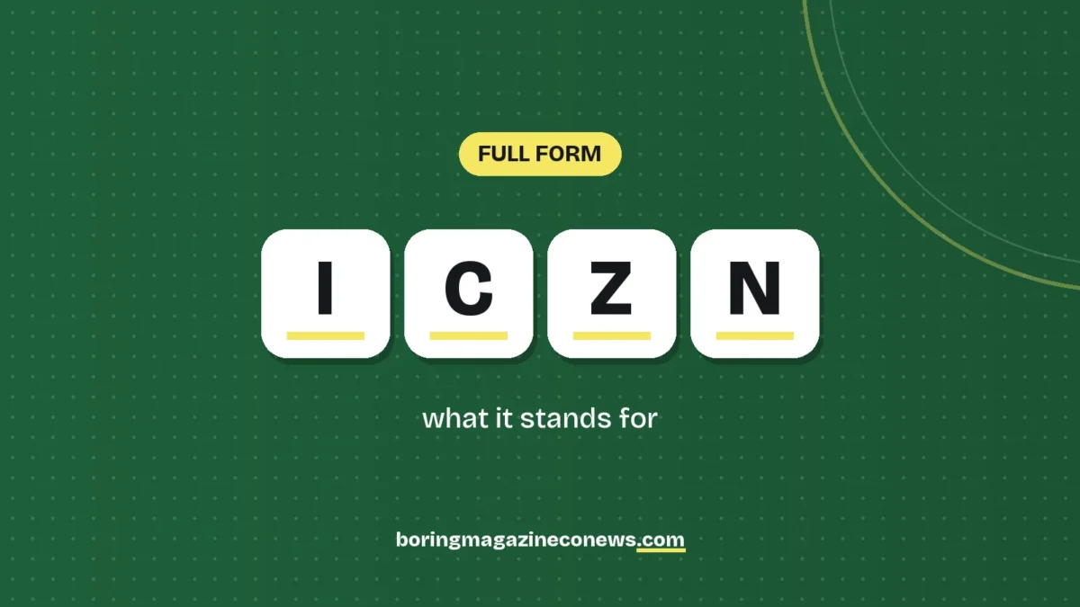 The letters ICZN on white tiles over a dark green background, labelled Full Form"