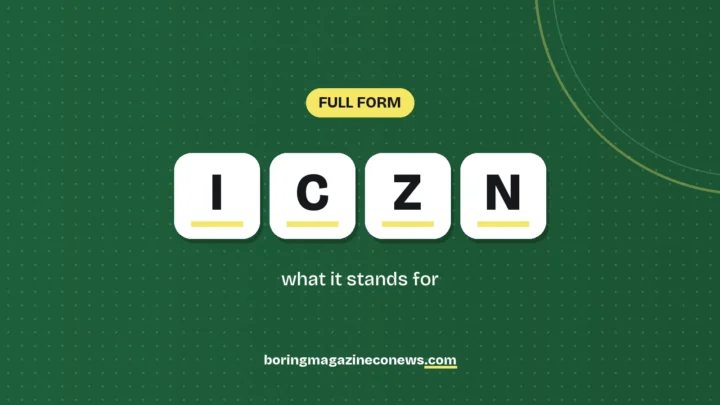 The letters ICZN on white tiles over a dark green background, labelled Full Form"