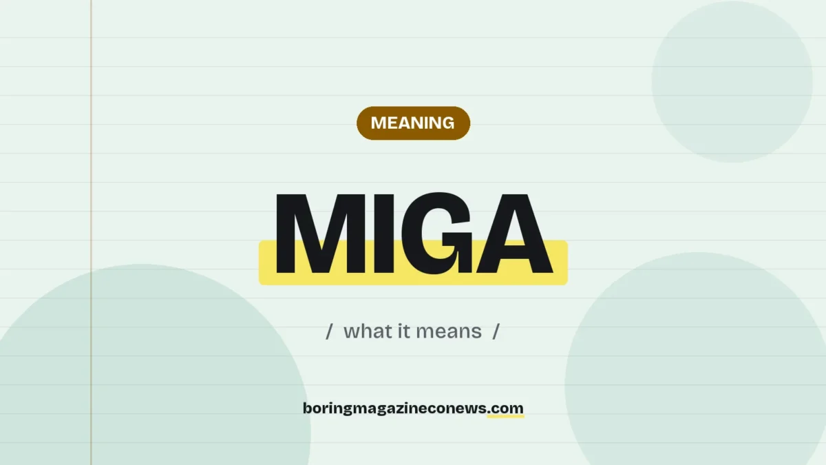 The term MIGA highlighted in yellow on a lined page, labelled Meaning"