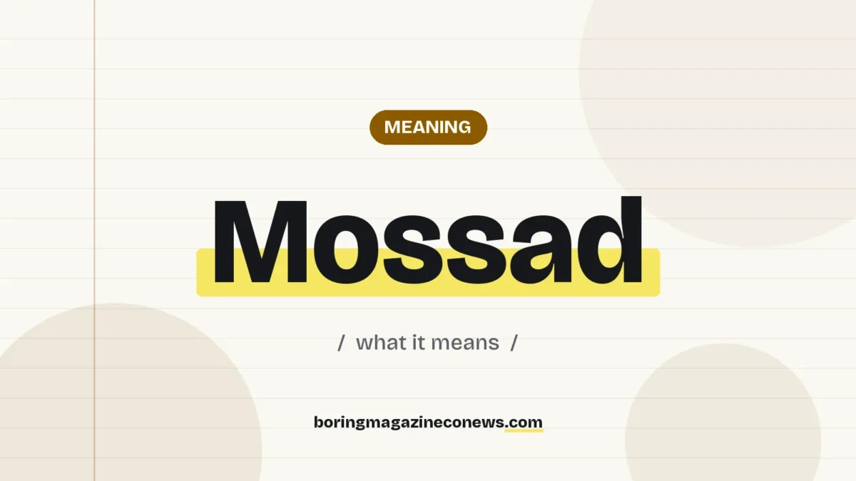 The term Mossad highlighted in yellow on a lined page, labelled Meaning"