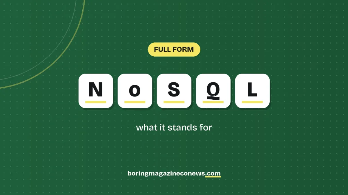 The letters NoSQL on white tiles over a dark green background, labelled Full Form"