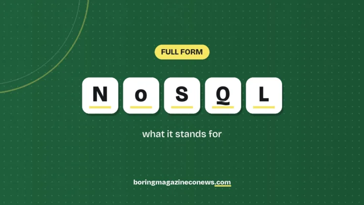 The letters NoSQL on white tiles over a dark green background, labelled Full Form"