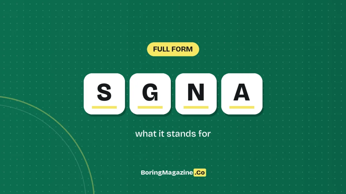 The letters SGNA on white tiles over a dark green background, labelled Full Form"